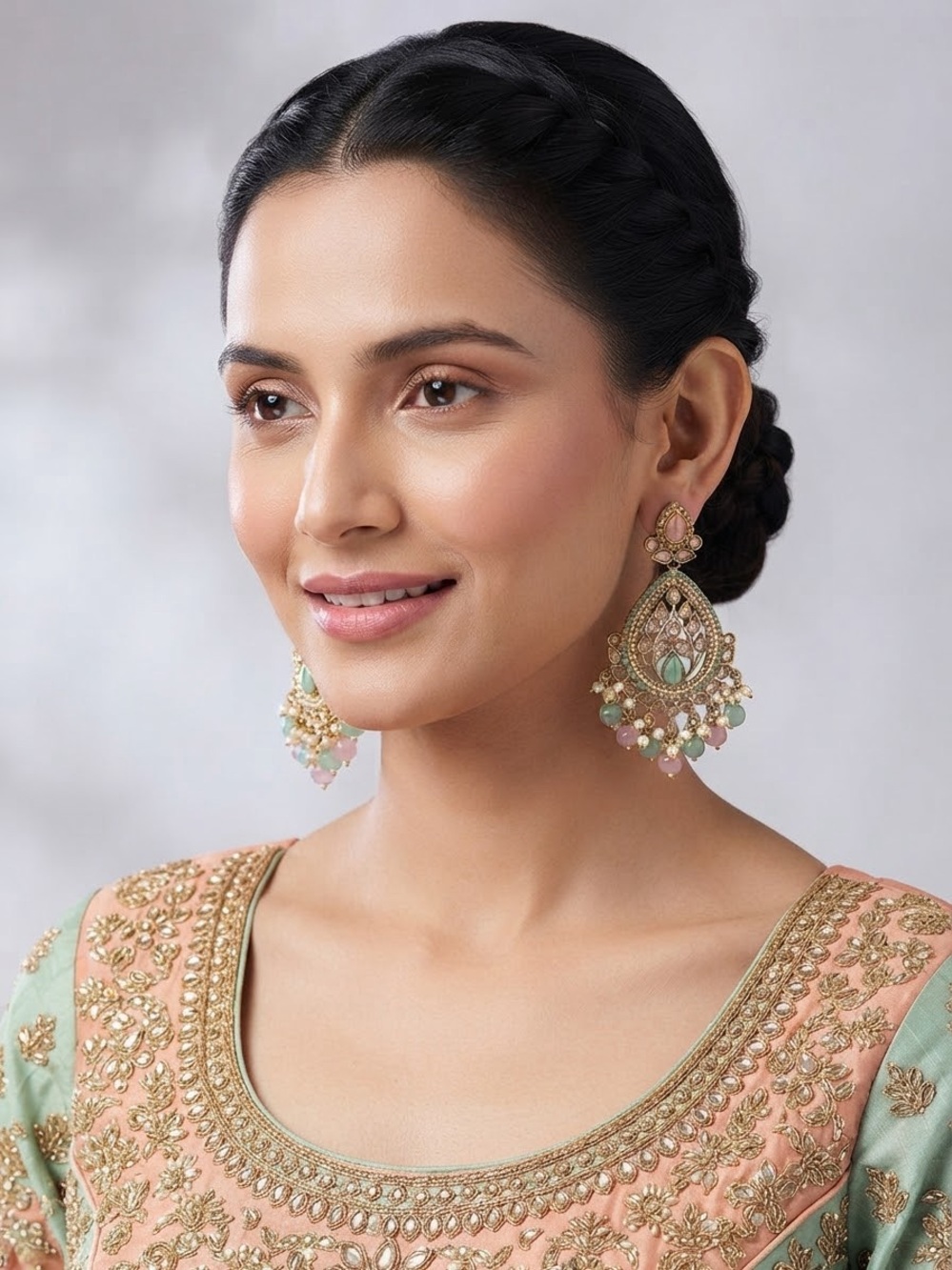 Elegant Pastel Green and Pink Chandbali Earrings by with Monalisa stone